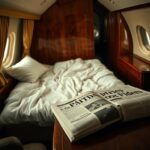 Flick International Close-up of a plush, unmade bed in a vintage private jet interior