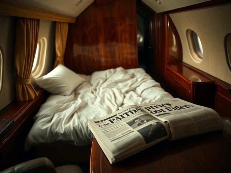 Flick International Close-up of a plush, unmade bed in a vintage private jet interior