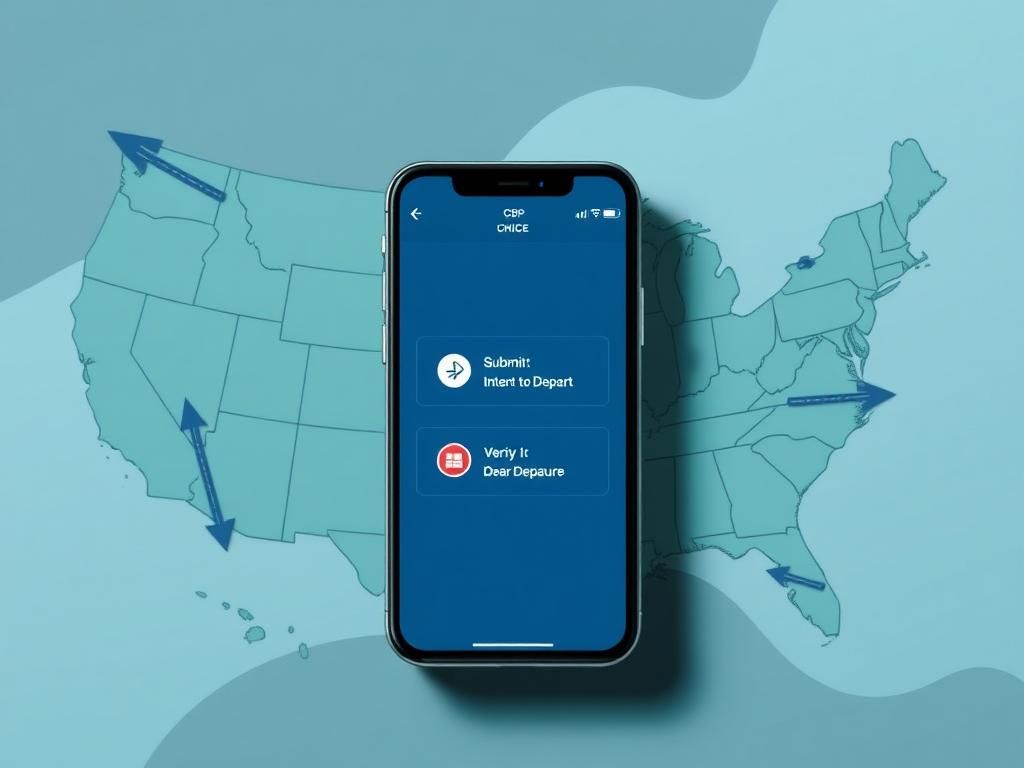 Flick International Smartphone displaying CBP Home app interface against a stylized map of the United States