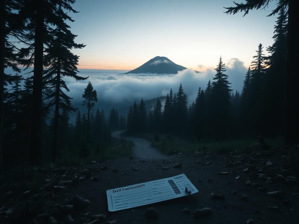 Flick International Serene mountain landscape at dawn with a path and abandoned airline tickets