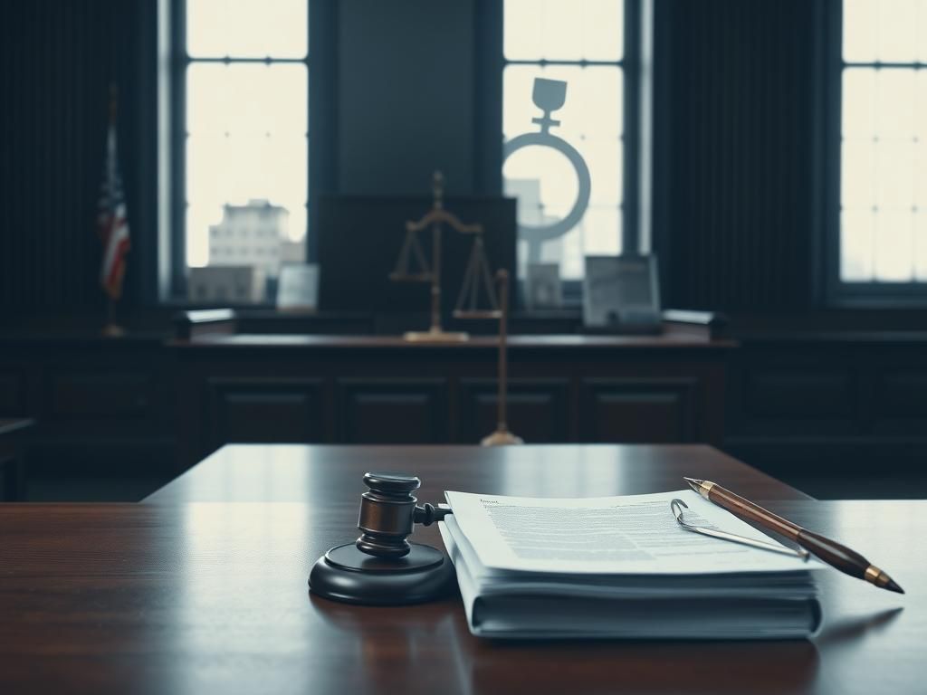 Flick International A somber courtroom scene symbolizing justice with an empty wooden bench and legal documents