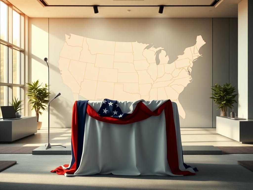 Flick International A dynamic image of an empty podium with an American flag in a modern office, symbolizing American politics.