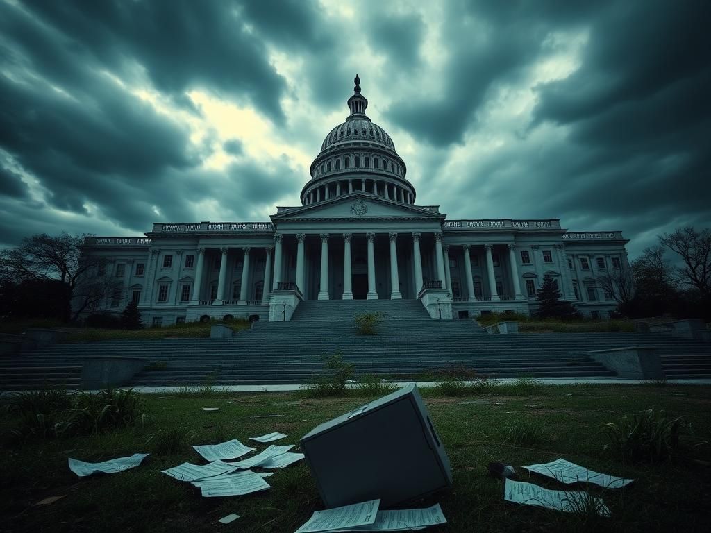 Flick International A dimly lit U.S. Capitol building with broken columns and overgrown weeds, representing political decay