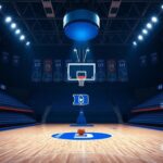 Flick International Dramatic view of an empty college basketball court with Duke Blue Devils logo symbolizing anticipation for Cooper Flagg's potential return.