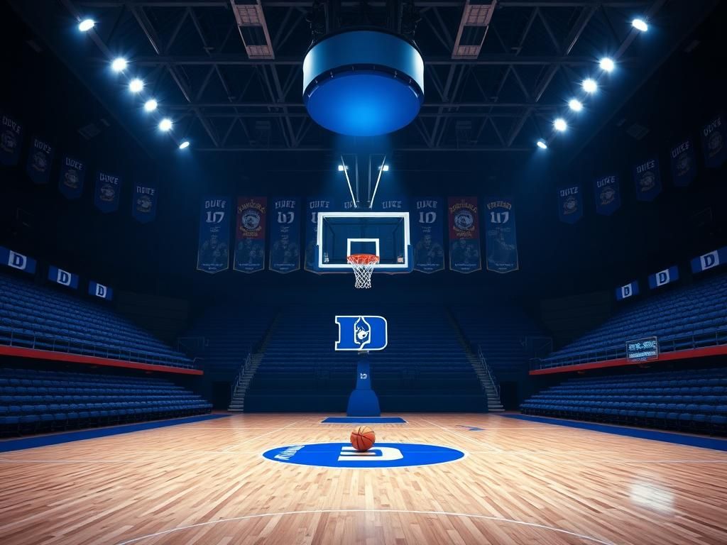 Flick International Dramatic view of an empty college basketball court with Duke Blue Devils logo symbolizing anticipation for Cooper Flagg's potential return.