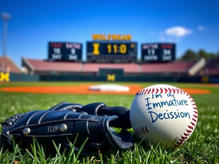 Flick International Close-up of a baseball glove and ball with 'Immature Decision' written on it on a Michigan baseball field