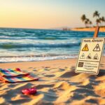 Flick International A serene beach scene at dawn with colorful beach towels and a travel advisory sign