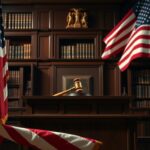 Flick International Dramatic courtroom scene with judge's bench and American flag