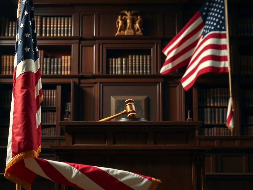 Flick International Dramatic courtroom scene with judge's bench and American flag