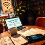 Flick International Cozy coffee shop interior with a laptop displaying public Wi-Fi warning sign