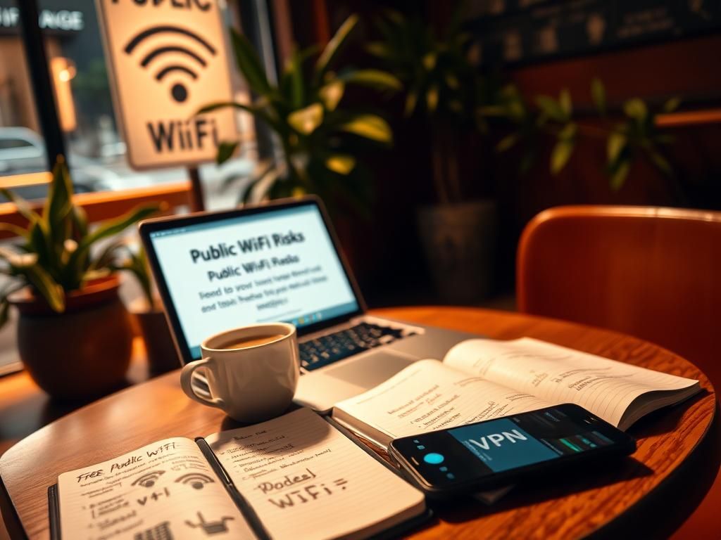 Flick International Cozy coffee shop interior with a laptop displaying public Wi-Fi warning sign