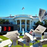 Flick International Front facade of the White House with a scoreboard comparing Karoline Leavitt's and Jen Psaki's fact-check numbers.