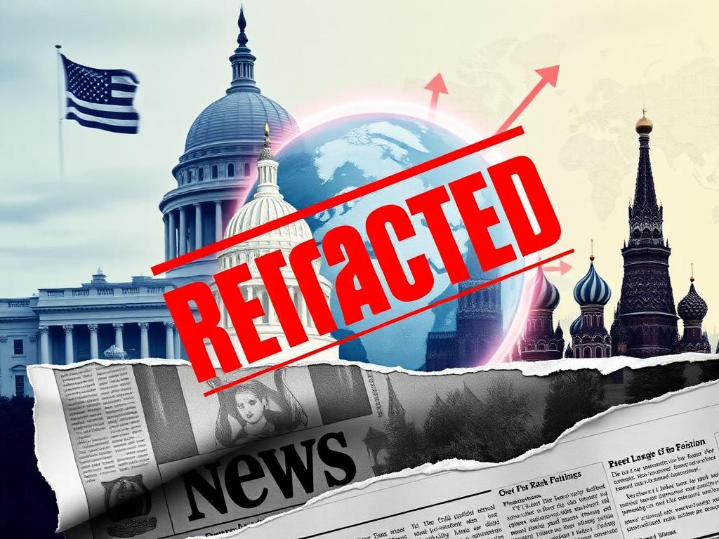 Flick International digital collage symbolizing the retraction of a news story about Tulsi Gabbard, featuring iconic U.S. and Russia landmarks