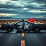 Flick International Heavily damaged police cruiser split in two on a desolate road in Victorville, California