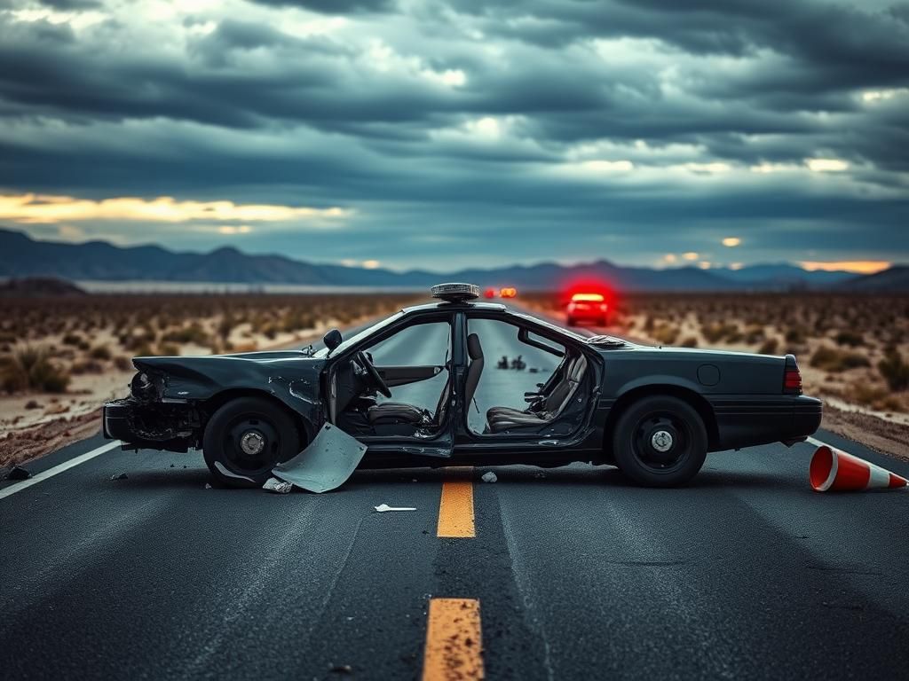 Flick International Heavily damaged police cruiser split in two on a desolate road in Victorville, California