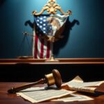 Flick International A dramatic courtroom scene featuring scales of justice and an ornate American flag