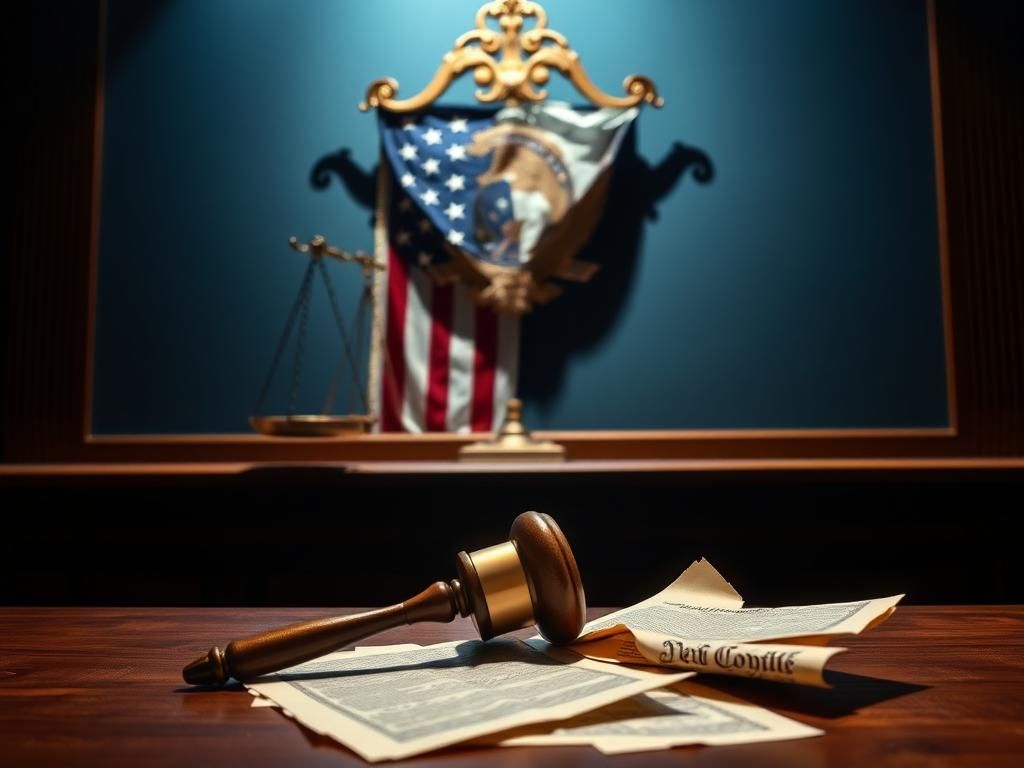 Flick International A dramatic courtroom scene featuring scales of justice and an ornate American flag