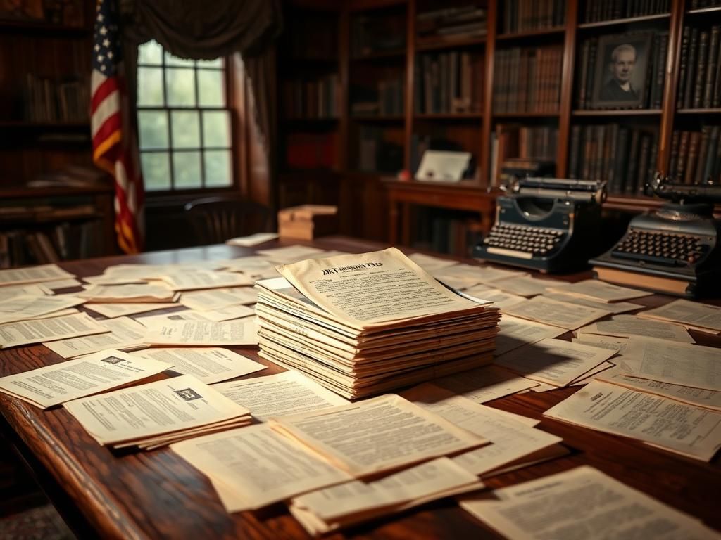 Flick International A dimly lit room filled with aged documents symbolizing JFK assassination files release