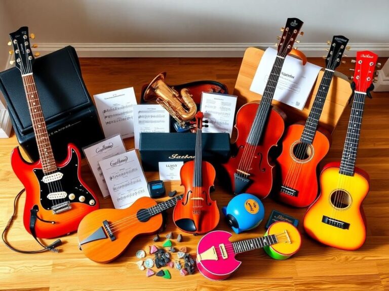 Flick International A vibrant display of various musical instrument starter kits on a wooden table, showcasing a guitar, trumpet, saxophone, violin, ukulele, and bongo drums.