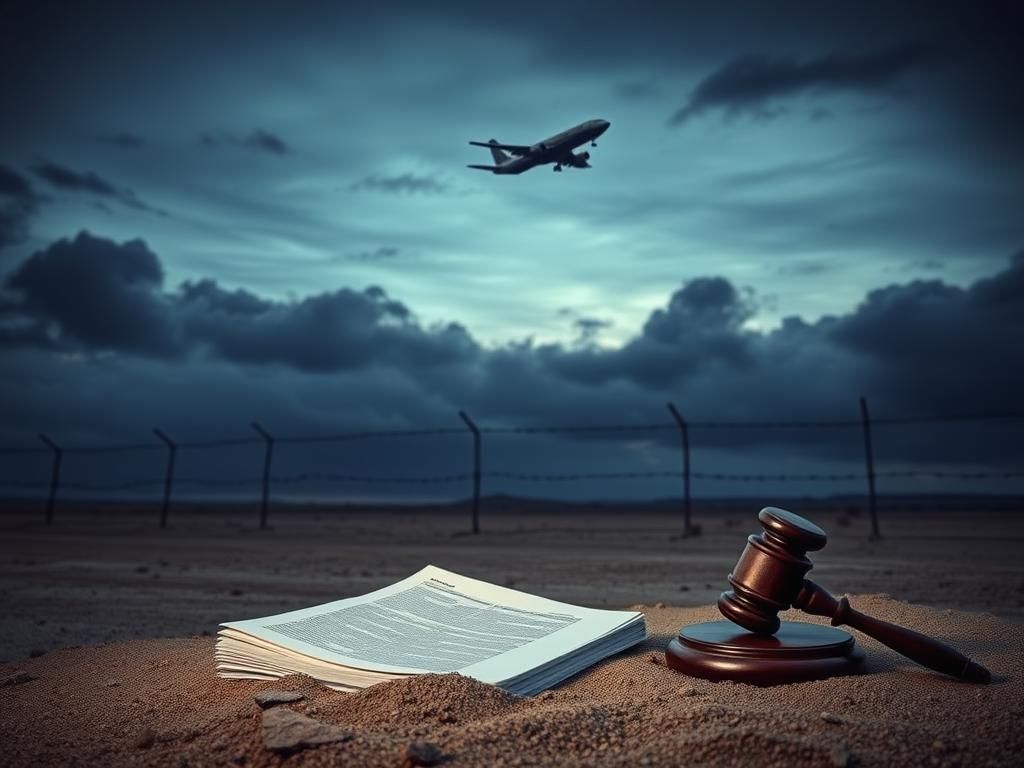 Flick International A desolate border landscape at dusk with barbed wire and legal briefs symbolizing immigration law