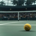 Flick International Dramatic scene on a tennis court with an abandoned tennis ball and blurred crowd in the background