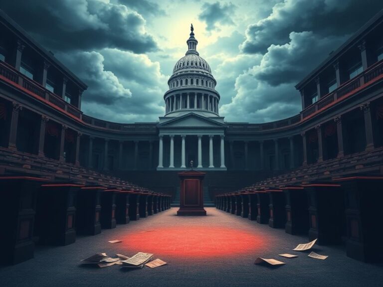 Flick International A grand, empty Senate chamber with polished wooden desks and the Capitol dome under a dramatic sky