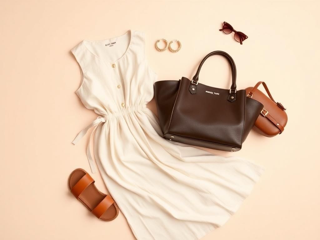 Flick International Stylish flat lay of Michael Kors products featuring a luxury handbag, hoop earrings, sandals, a midi dress, tote bag, and watch