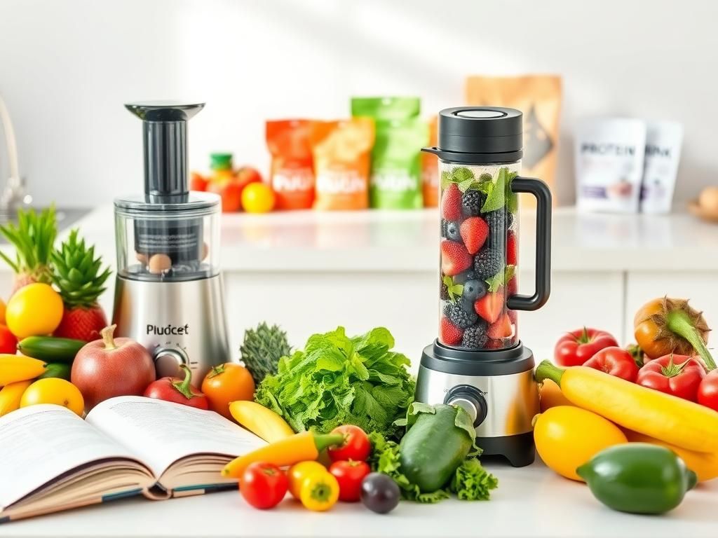 Flick International Vibrant kitchen countertop with fresh fruits, vegetables, and healthy appliances including a juicer and blender.