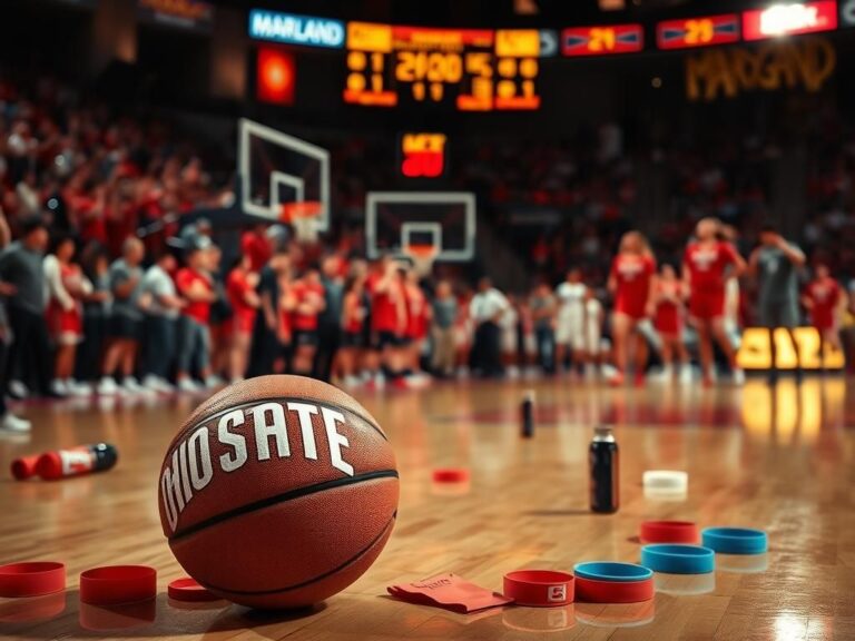 Flick International Ohio State basketball court with player Cotie McMahon in action during game against Maryland