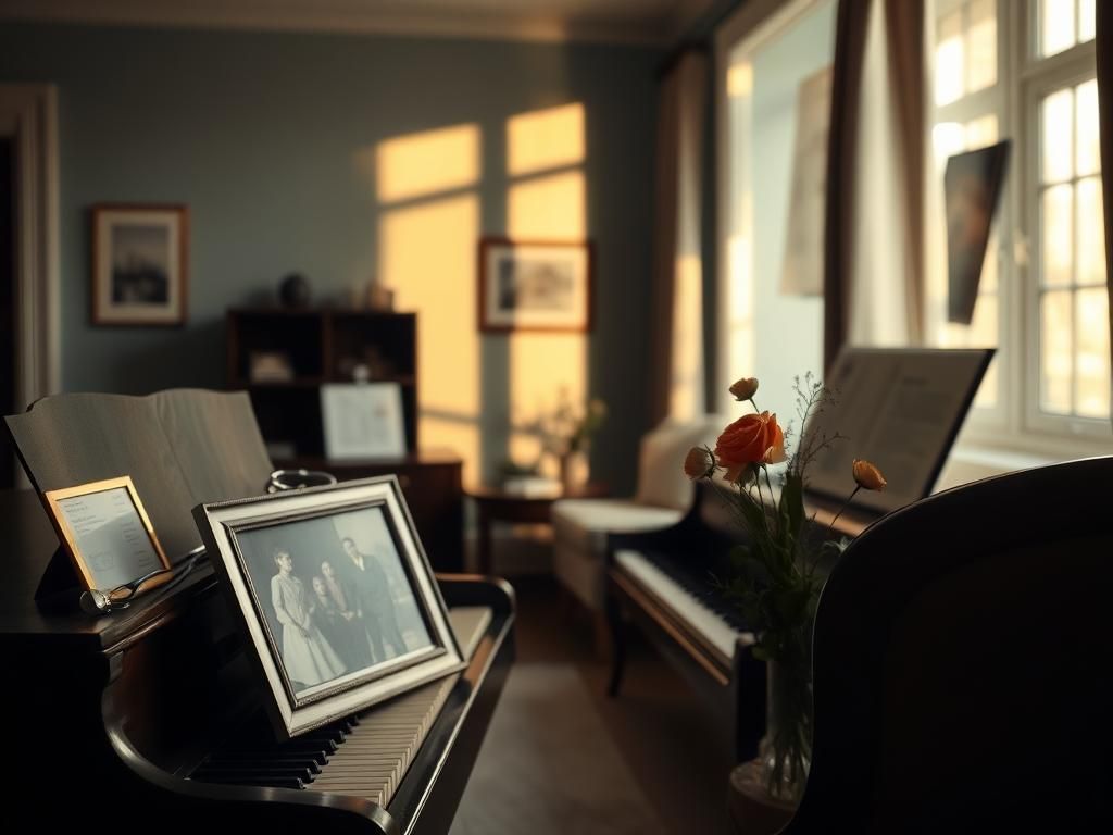 Flick International A dimly lit living room with a grand piano and a family photograph, symbolizing themes of memory and loss