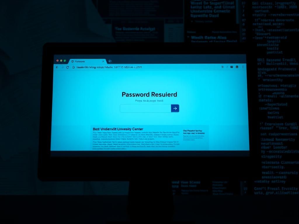 Flick International Dimly lit computer screen displaying a 'Password Required' message with medical documents in the background