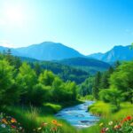 Flick International A tranquil lush green forest scene with a gentle stream and colorful wildflowers