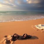 Flick International Serene beach scene at dawn with abandoned sandals and beach towel