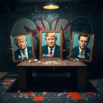 Flick International A chaotic scene in a rage room showing smashed portraits of Donald Trump, JD Vance, and Elon Musk.