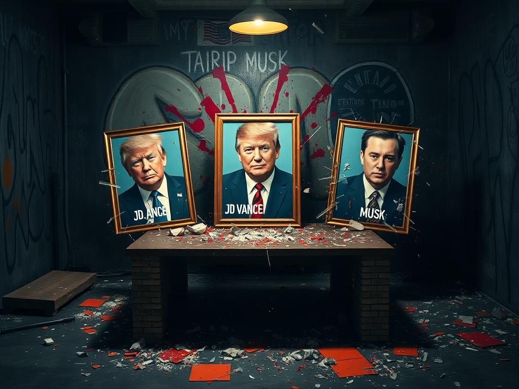 Flick International A chaotic scene in a rage room showing smashed portraits of Donald Trump, JD Vance, and Elon Musk.