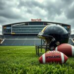 Flick International An empty football helmet and a rugged football on a grassy field at Heinz Field under an overcast sky