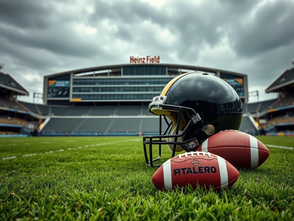 Flick International An empty football helmet and a rugged football on a grassy field at Heinz Field under an overcast sky