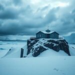 Flick International Isolated Antarctic research station under dark clouds