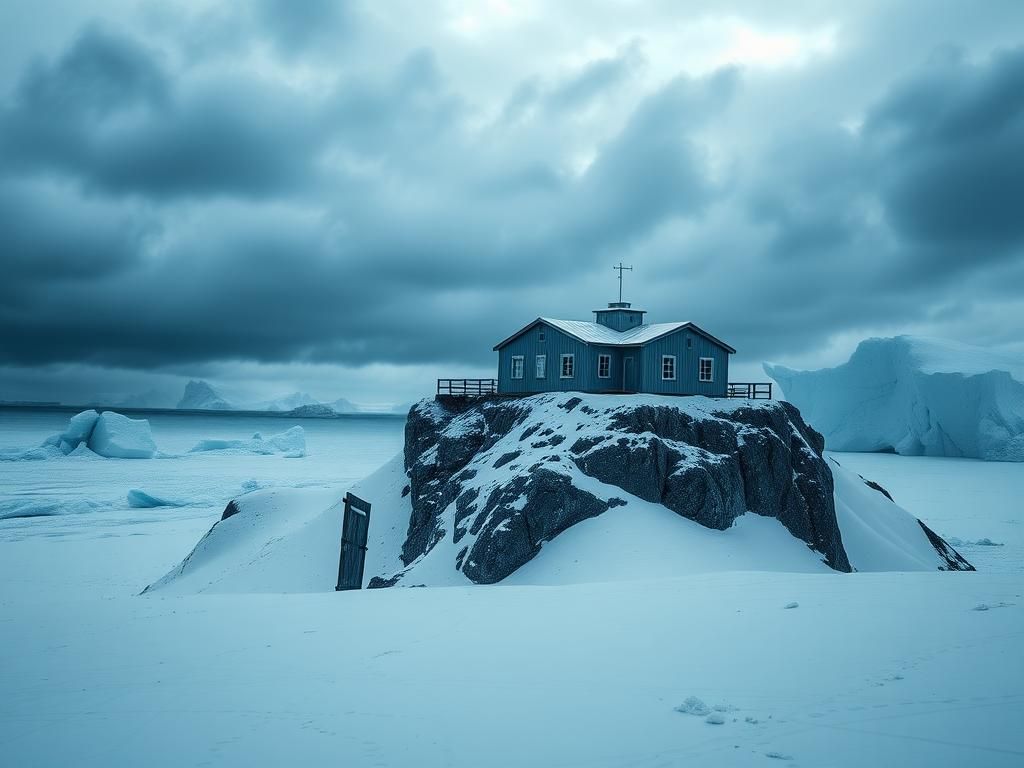 Flick International Isolated Antarctic research station under dark clouds