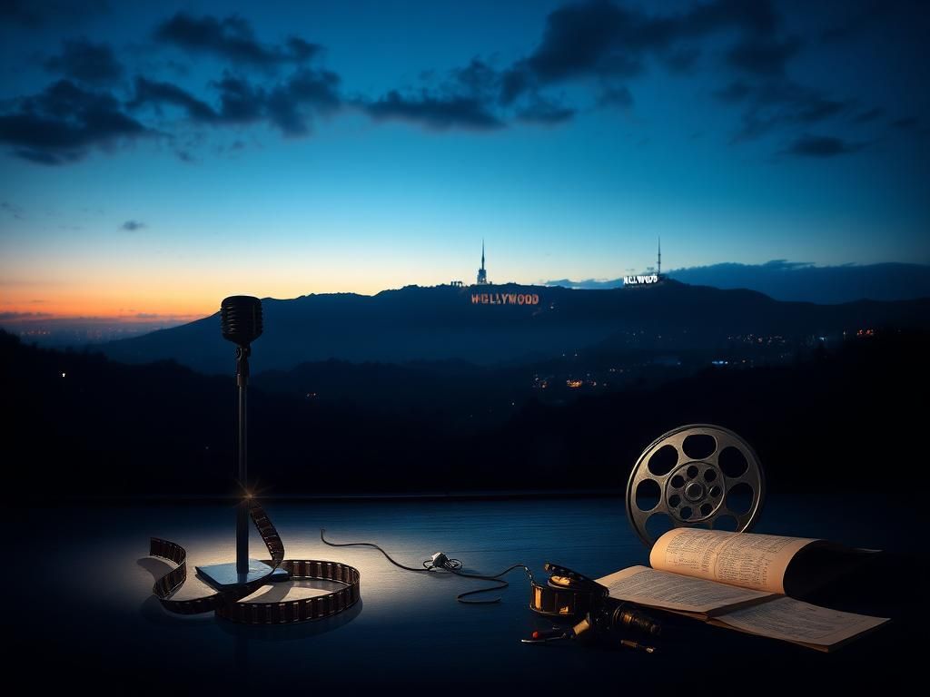 Flick International A twilight view of a darkened Hollywood skyline highlighting an empty music stage and vintage film artifacts.