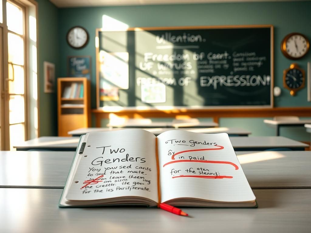 Flick International Classroom scene with empty desk and notebook on two genders