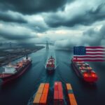 Flick International Aerial view of the Panama Canal with cargo ships and shipping containers