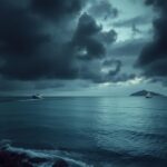 Flick International Seascape of the Caribbean coast of Honduras with ominous clouds and submerged plane wreckage