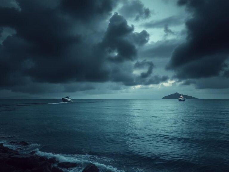 Flick International Seascape of the Caribbean coast of Honduras with ominous clouds and submerged plane wreckage