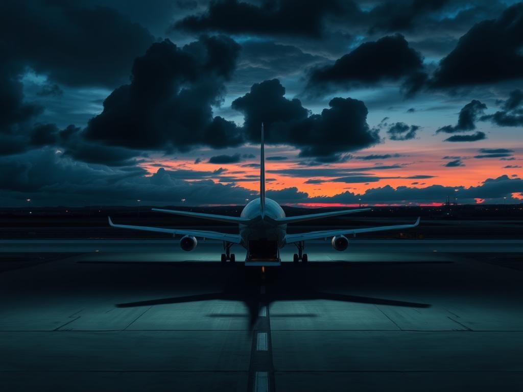 Flick International Somber airport scene at dusk with an empty runway and a cargo plane symbolizing deportation flights