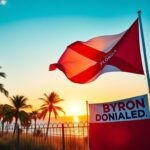 Flick International Vibrant scene of Florida with palm trees and state flag symbolizing Byron Donalds' gubernatorial campaign