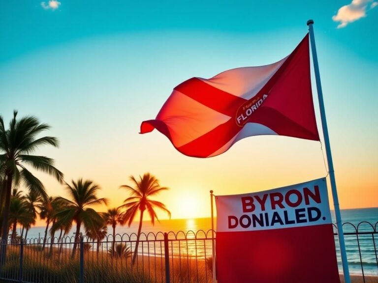 Flick International Vibrant scene of Florida with palm trees and state flag symbolizing Byron Donalds' gubernatorial campaign