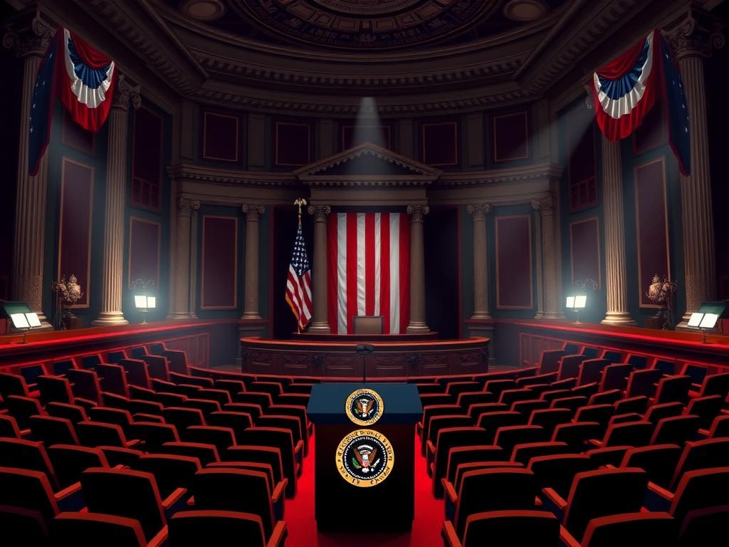 Flick International Grand legislative chamber with empty seats and presidential podium