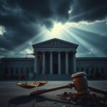 Flick International Dark courthouse facade with grand columns and ominous clouds