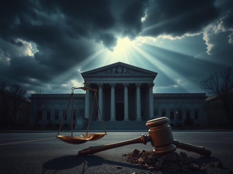 Flick International Dark courthouse facade with grand columns and ominous clouds